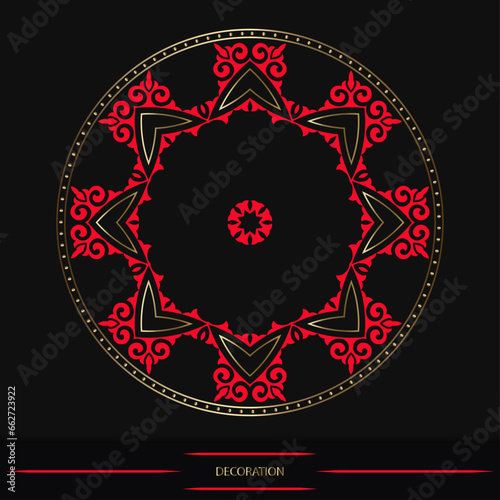 Circle frame on black background, workpiece for your design. Decorative asian ornamental elements and motifs of Kazakh, Kyrgyz, Uzbek, national Asian decor for round plate, textile and print design. 