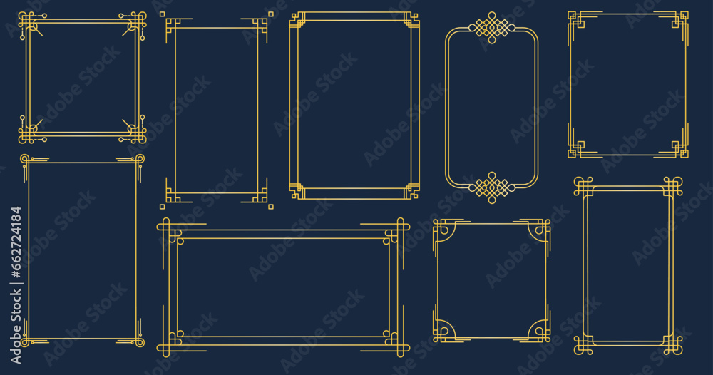Oriental decorative frame. Chinese Japanese Korean traditional decorative borders, golden ornate elements for card design. Vector collection - obrazy, fototapety, plakaty 