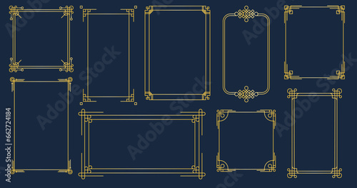 Oriental decorative frame. Chinese Japanese Korean traditional decorative borders, golden ornate elements for card design. Vector collection