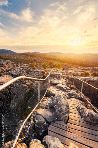 The iconic Pinnacle lookout with stunning Grampians National Park mountains view at sunset time, Halls Gap, Victoria, Australia photo