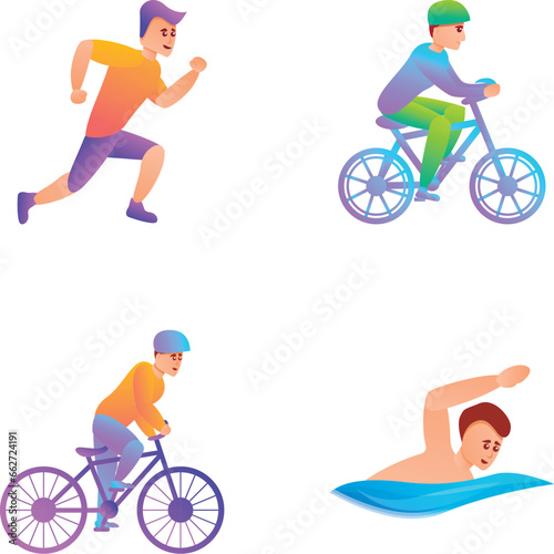 Triathlon icons set cartoon vector. Male athlete during competition. Sport, healthy lifestyle