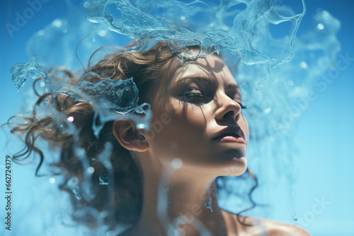 Woman whose flowing hair is adorned with cascading water splashes, creating a captivating and ethereal image. Ai generated