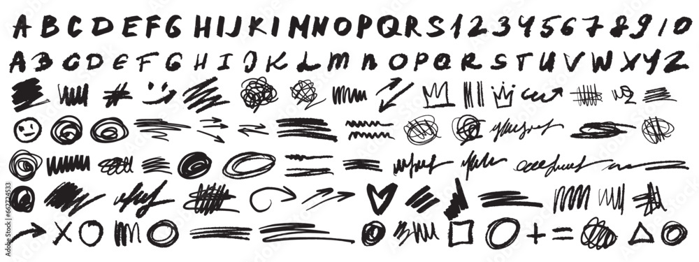 Scribble doodle paint underline set, vector children marker scratch, pen squiggle kit, black stoke. Kids hand drawn pencil abstract sketch, handwriting font alphabet, texture divider. Scribble doodle