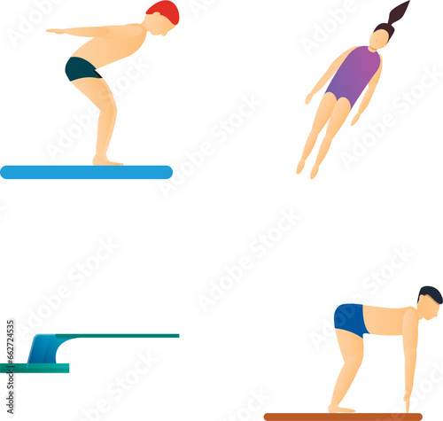 Diving board icons set cartoon vector. People jumping from board into water. Water sport