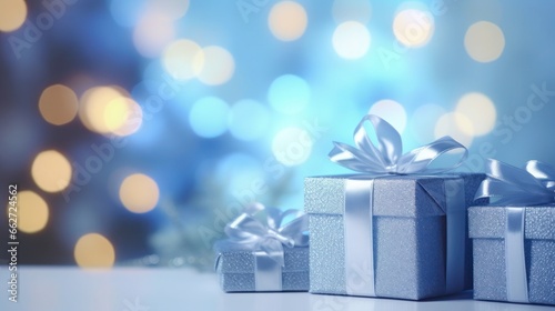 Christmas blue gift boxes with silver ribbon on blurred background with beautiful bokeh. Xmas greeting card. Copy space © Anzhela