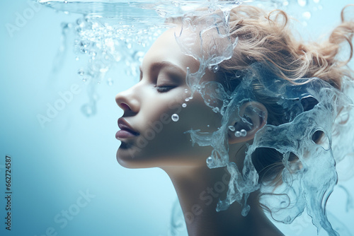 Woman whose flowing hair is adorned with cascading water splashes, creating a captivating and ethereal image. Ai generated