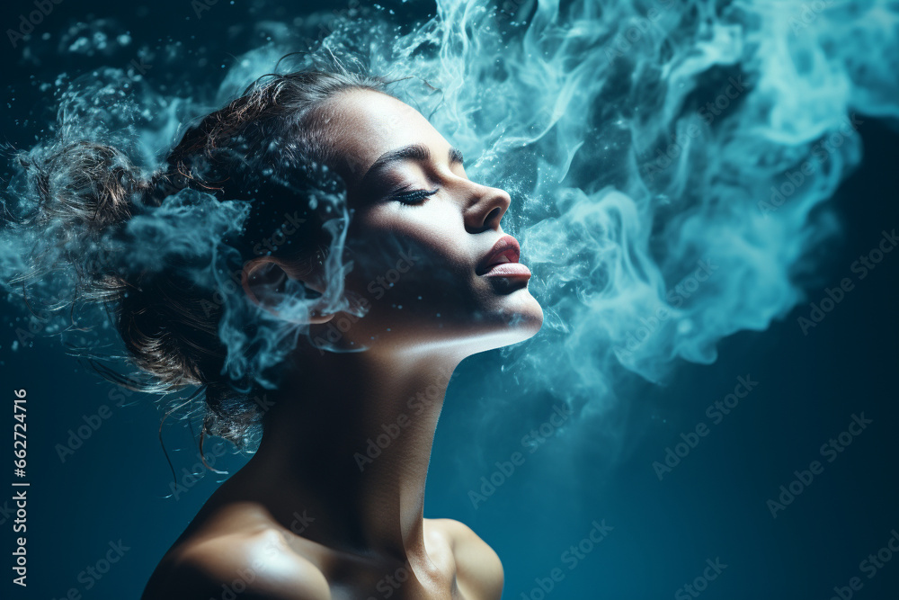 Woman whose flowing hair is adorned with cascading water splashes, creating a captivating and ethereal image. Ai generated
