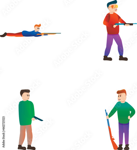 Shooter icons set cartoon vector. Adult man with gun. Shooting competition, sport concept