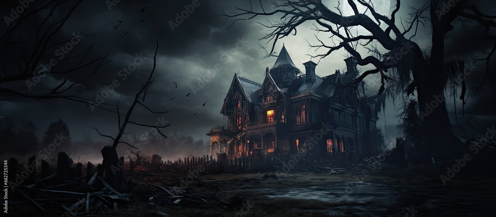 Haunted deserted mansion with a ghost With copyspace for text