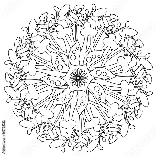 Mandala Energie Roue Cercle Feuillage Nature Design Méditation Elément Décoratif Multiples Noir et Blanc Vecteur Coloriage
