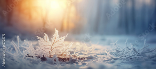 Winter season outdoors landscape, frozen plants in nature on the ground covered with ice and snow, under the morning sun - Seasonal background for Christmas wishes and greeting card © mozZz