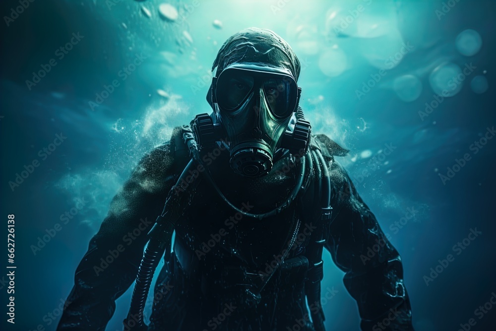 A scuba diver underwater. Spooky, mysterious and foggy scene. Great for action, adventure, marine and deep sea thriller, spy movie and more. A scuba diver underwater. Spooky, mysterious and foggy scene. Great for action, adventure, marine and deep sea thriller, spy movie and more.