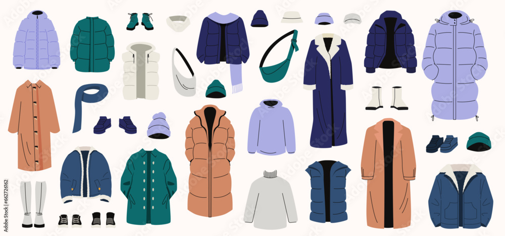 Winter clothes set. Cartoon winter wardrobe with casual and elegant clothing, male and female cold weather outfits. Vector winter wardrobe - obrazy, fototapety, plakaty 
