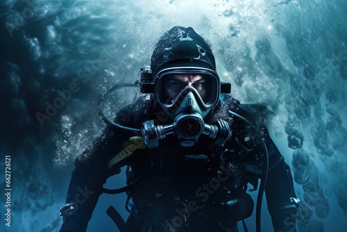 A scuba diver underwater. Spooky, mysterious and foggy scene. Great for action, adventure, marine and deep sea thriller, spy movie and more.  © AI Movie