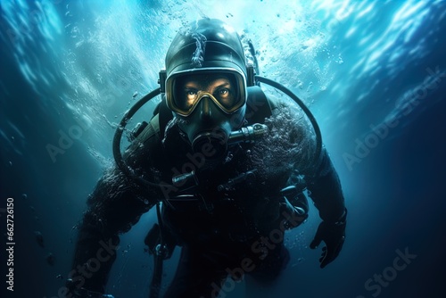 A scuba diver underwater. Spooky  mysterious and foggy scene. Great for action  adventure  marine and deep sea thriller  spy movie and more. 