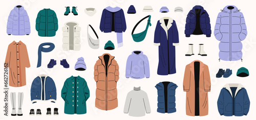 Winter clothes set. Cartoon winter wardrobe with casual and elegant clothing, male and female cold weather outfits. Vector winter wardrobe photo