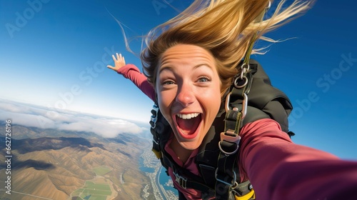 Excited and happy Caucasian woman parachute jumping. Generative AI.