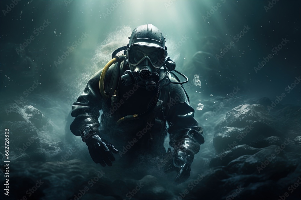A scuba diver underwater. Spooky, mysterious and foggy scene. Great for action, adventure, marine and deep sea thriller, spy movie and more. A scuba diver underwater. Spooky, mysterious and foggy scene. Great for action, adventure, marine and deep sea thriller, spy movie and more.