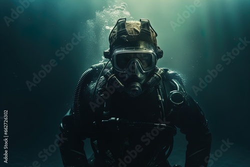 A scuba diver underwater. Spooky, mysterious and foggy scene. Great for action, adventure, marine and deep sea thriller, spy movie and more. 