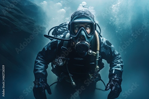 A scuba diver underwater. Spooky, mysterious and foggy scene. Great for action, adventure, marine and deep sea thriller, spy movie and more. 
