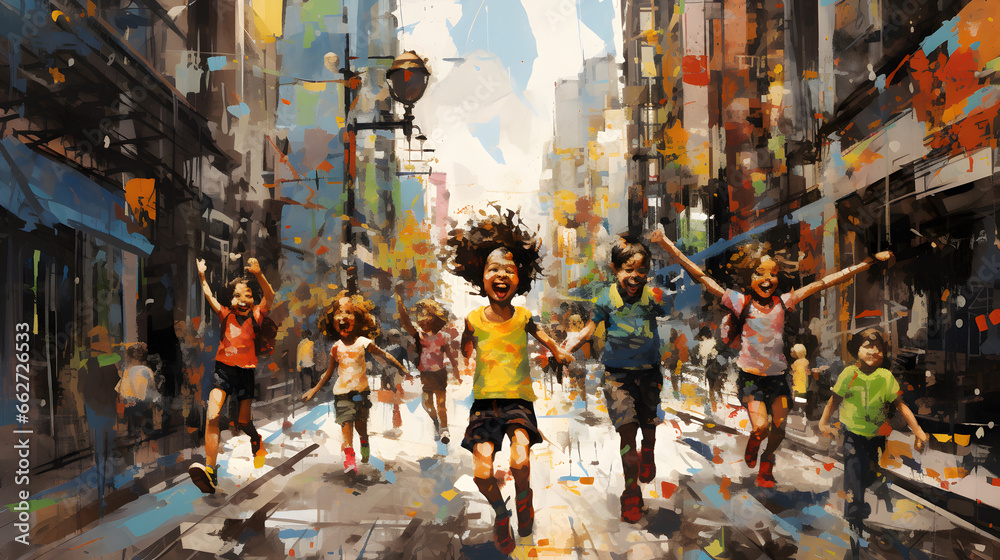 happy children playing in the streets oil painting - obrazy, fototapety, plakaty 