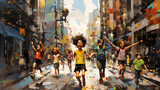 happy children playing in the streets oil painting