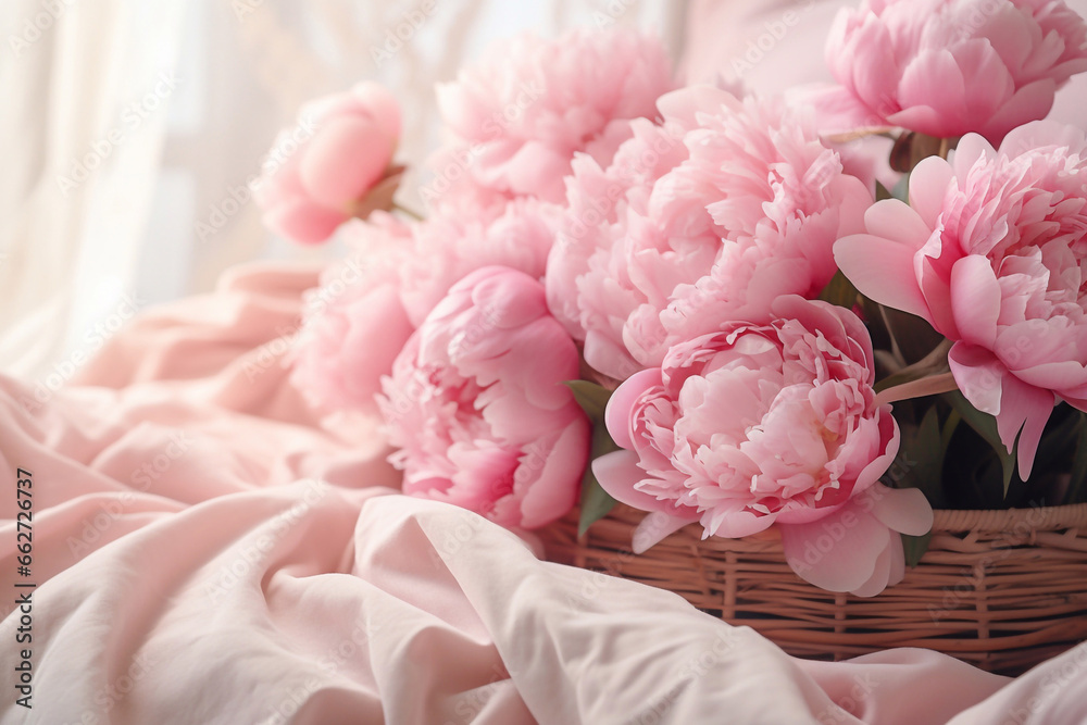 pink peonies in the basket on a bed pink peonies in the basket on a bed