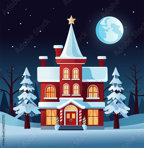 Fairytale house and Christmas tree on a night background. Vector illustration. Building covered with snow, winter season cityscape. View of the city with snowfall, blizzard and frosty weather
