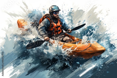 Kayaker navigating through white-water rapids with splashing water and rugged terrain, Generative AI