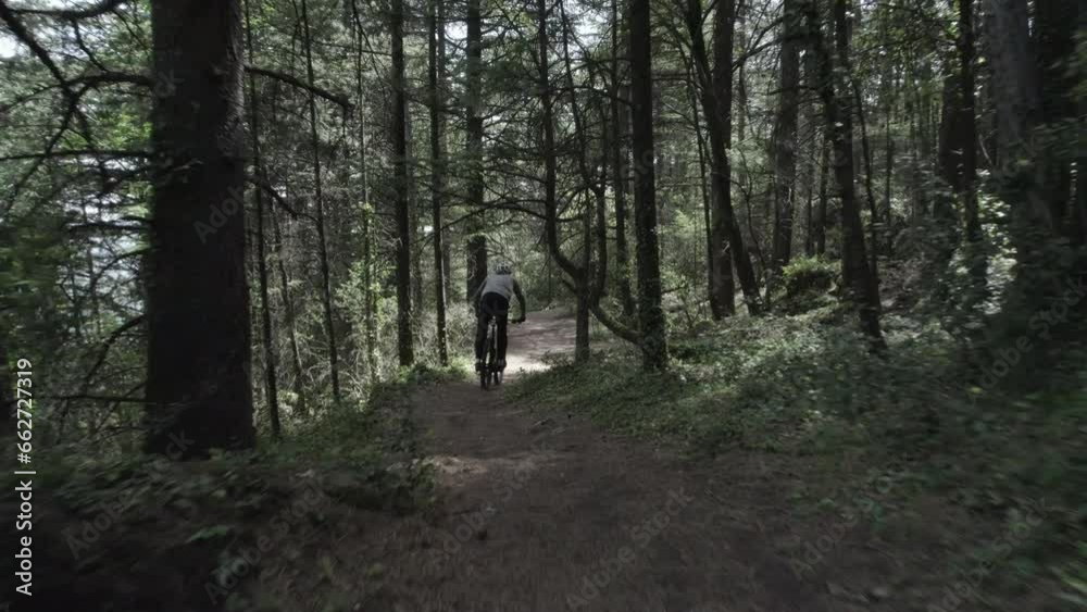 Drone MTB Forward Traveling on Trail Drone MTB Forward Traveling on Trail