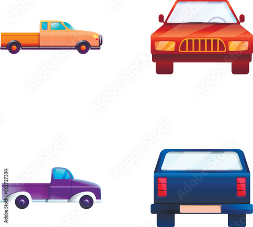 Pickup truck icons set cartoon vector. Classic pickup in various color. Passenger car, vehicle