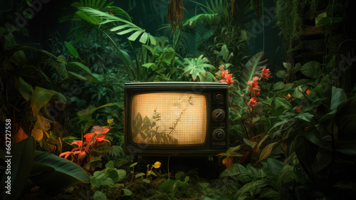 Retro TV in the garden with tropical plants and flower background.