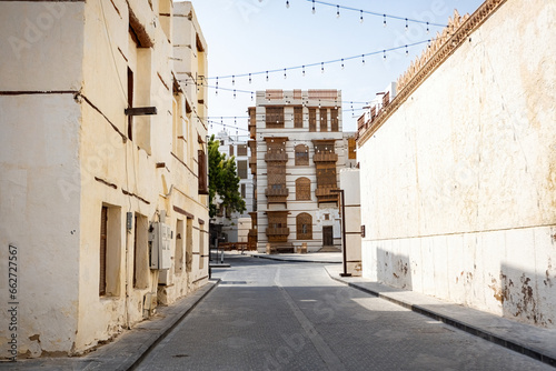 Traditional architecture of old Jeddah town El Balad district houses with wooden windows and balconies Unesco Heritage site in Jeddah Saudi Arabia photo