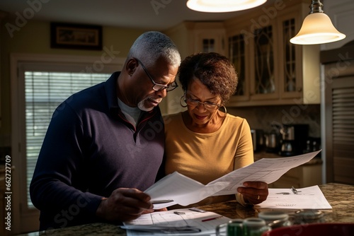 Retired Couple Reviewing Documents and Calculating Finances at Home