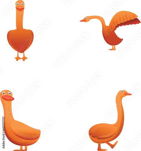 Goose bird icons set cartoon vector. Domestic waterfowl. Farm poultry, livestock