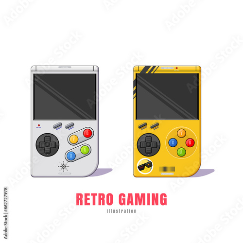 vintage pocket game console of the 90s. Flat illustration style on a white background
