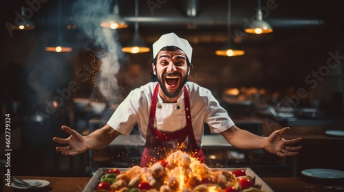 Chef in uniform having fun while preparing food in the kitchen at restaurant