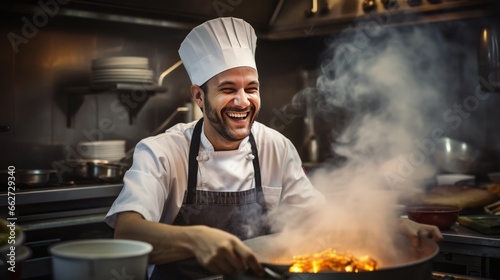 Smiling chef having fun while preparing food in the kitchen at restaurant