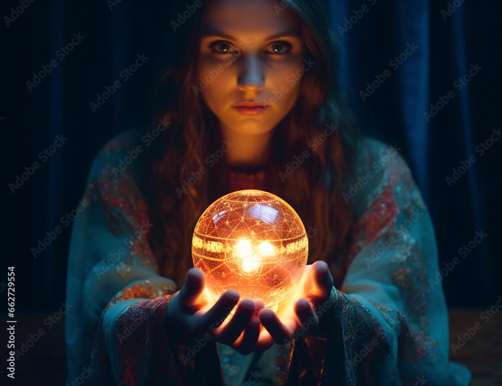 Naklejka premium Glowing Pathways: Fortune Teller and her Magic Glass Sphere, Generative AI