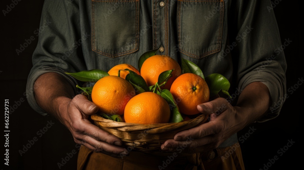 Fresh oranges in farmer's hands, Farmer holding Fruit