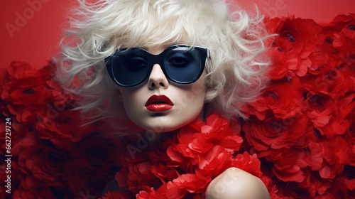 Beauty blond woman in red dress wearing sunglasses, Beauty portrait isolated, Fashion photo shoot