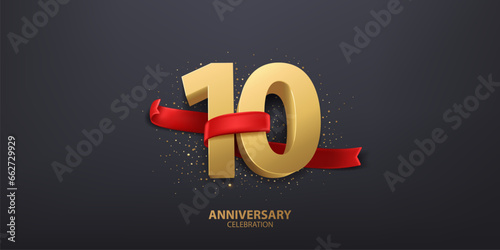 10th Year anniversary celebration background. 3D Golden number wrapped with red ribbon and confetti, isolated on dark background.