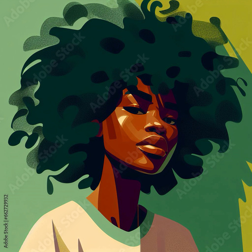 2d flyleaf illustration, simple graphics, lots of detail, beautiful image, African-American girl, stylish modern portrait, modern artwork. Generative AI.