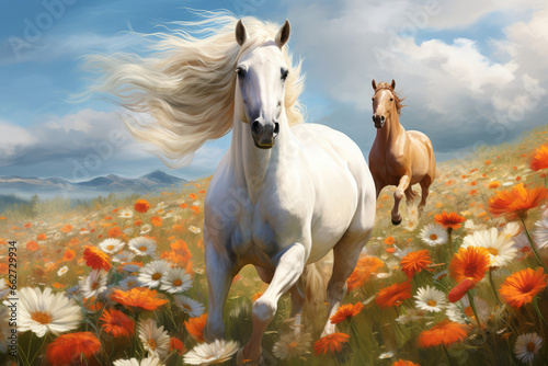 Horses run gallop in flower meadow