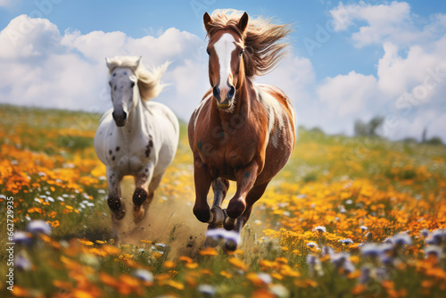 Horses run gallop in flower meadow © Kien