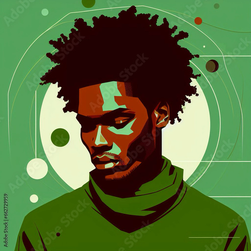 2d flyleaf illustration, idle graphics, lots of detail, beautiful image, African-American young male, stylish modern portrait, modern artwork. Generative AI.