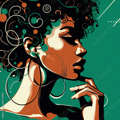 2d flyleaf illustration, simple graphics, lots of detail, beautiful image, African-American girl, stylish modern portrait, modern artwork. Generative AI.