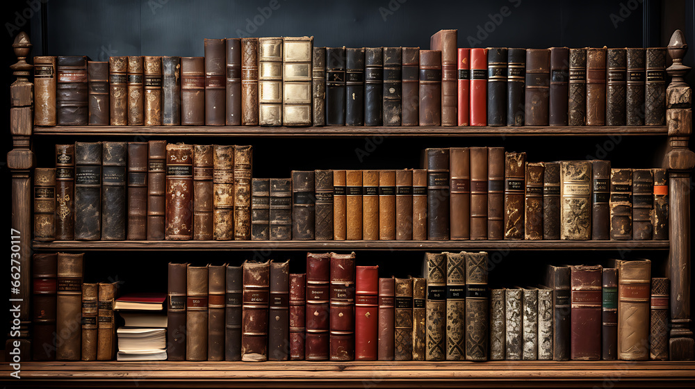 Old Leather-bound Books on a Wooden Shelf Old Leather-bound Books on a Wooden Shelf