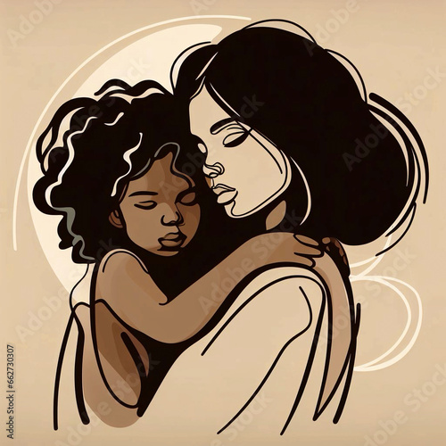 Digital drawing in the style of Greek vase painting, woman and daughter, beautiful exquisite image. Generative AI.