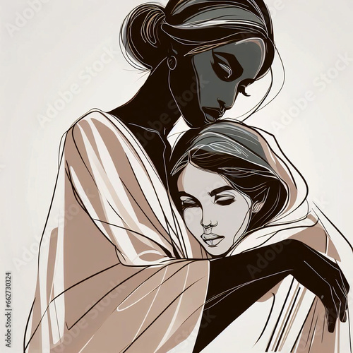 Digital drawing in the style of Greek vase painting, woman and daughter, beautiful exquisite image. Generative AI.